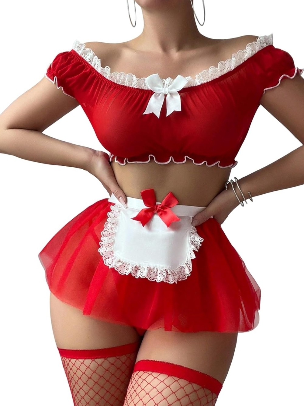 Red Lace-Trim Off-Shoulder 4pcs Costume Set XXS-4X